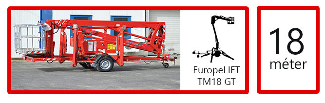 EuropeLIFT TM18GT – Önjáró Emelőkosaras utánfutó munkagép bérlés
